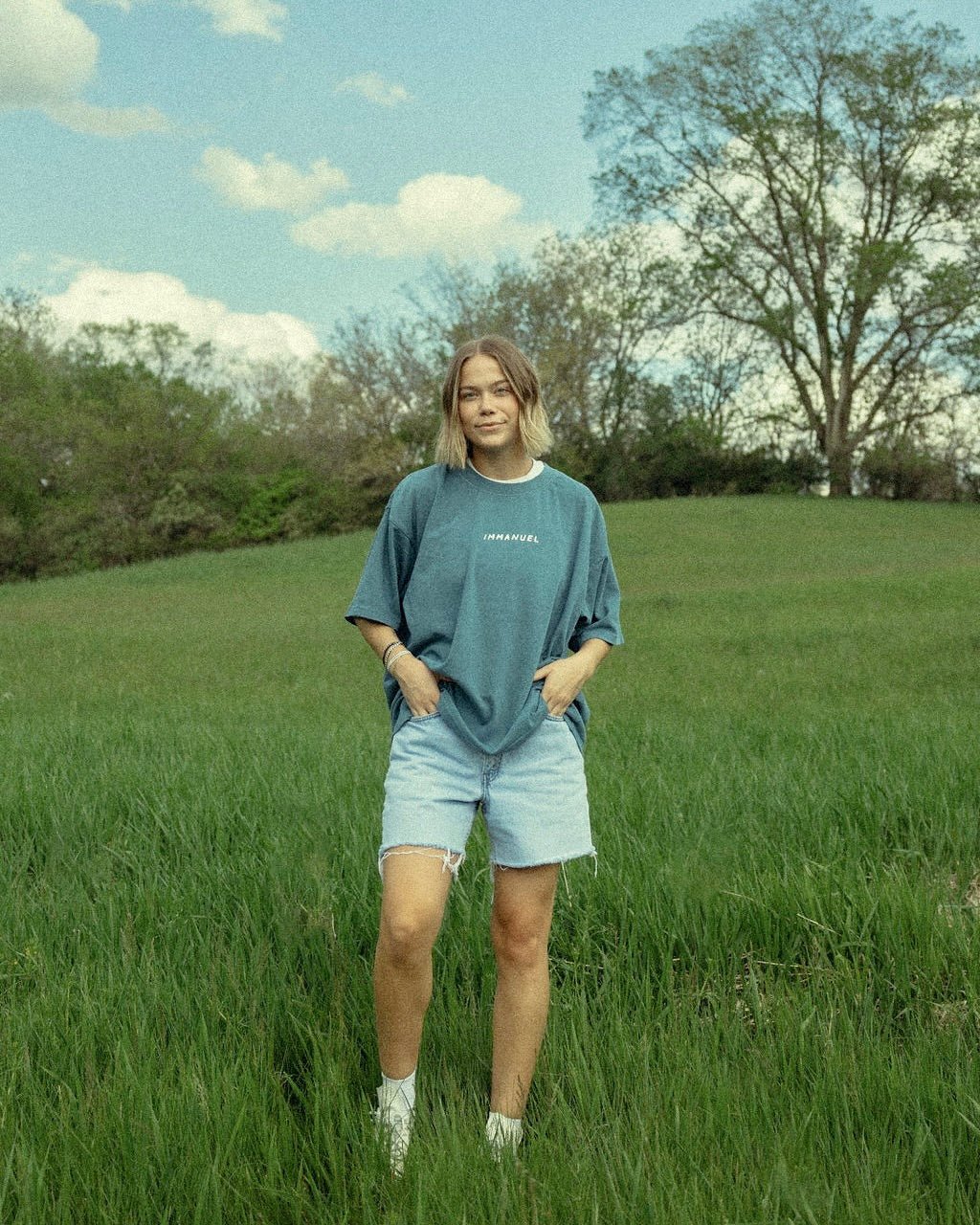 "Immanuel - Where Jesus Walked" Faded Blue Heavyweight Tee - Image 3